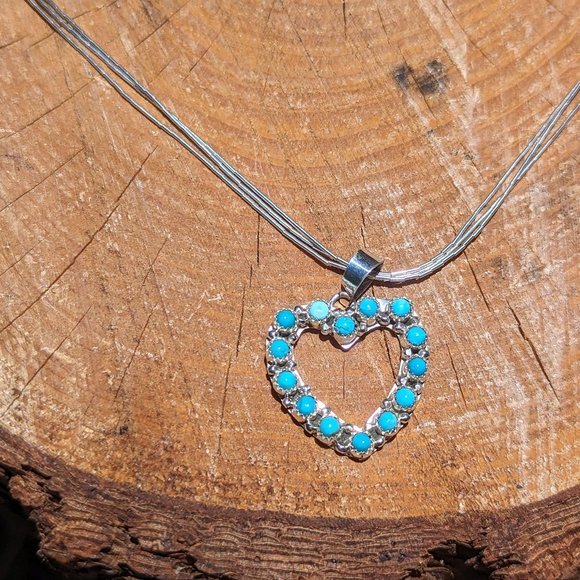Navajo Kingman Turquoise Heart Pendant Liquid‎ Sterling Silver Chain Necklace*** - Picture 3 of 11